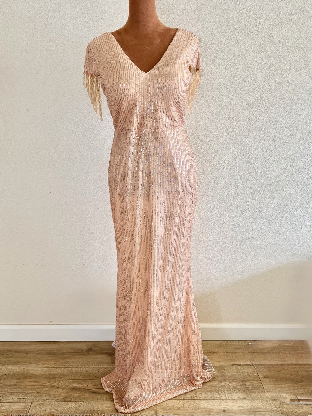 Pink Sequin Fringe Sleeve V-Neck Evening Gown